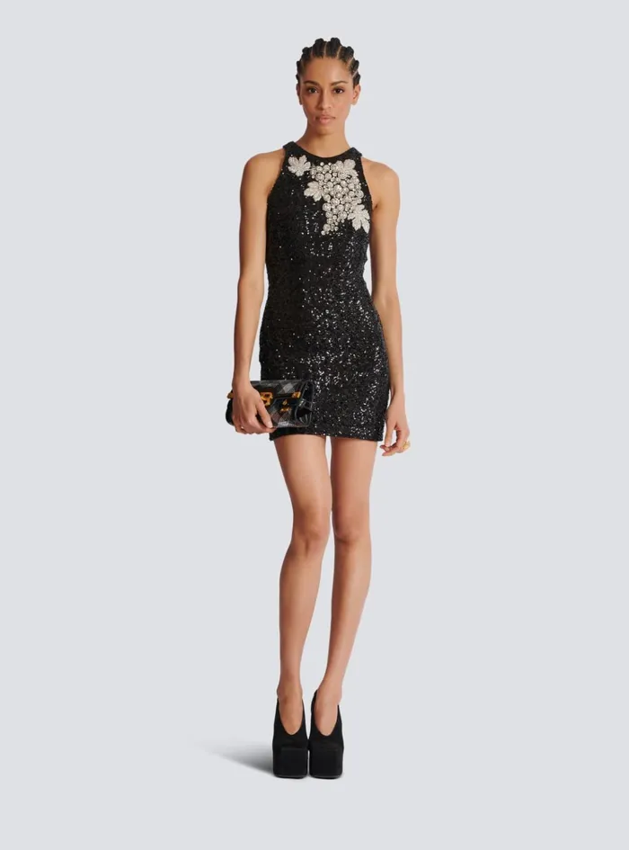 Sequin Dress With Grape Embroidery Black Women Balmain Dresses