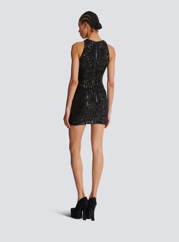 Sequin Dress With Grape Embroidery Black Women Balmain Dresses