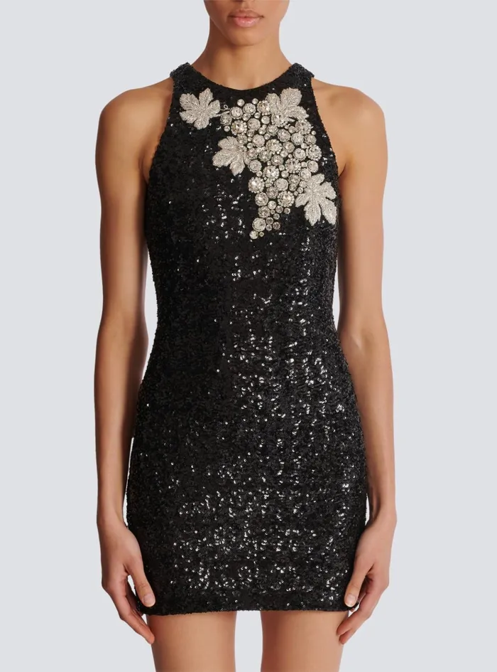 Sequin Dress With Grape Embroidery Black Women Balmain Dresses