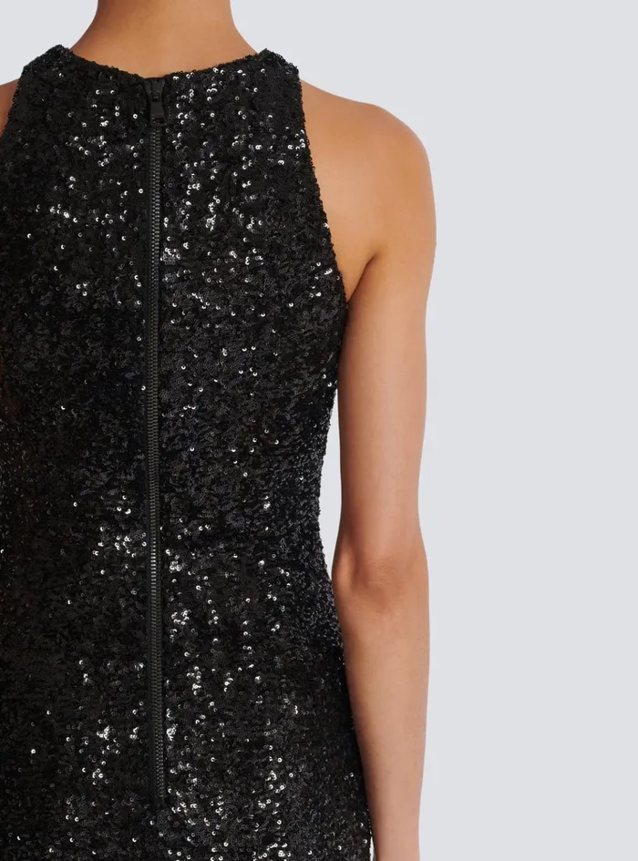 Sequin Dress With Grape Embroidery Black Women Balmain Dresses