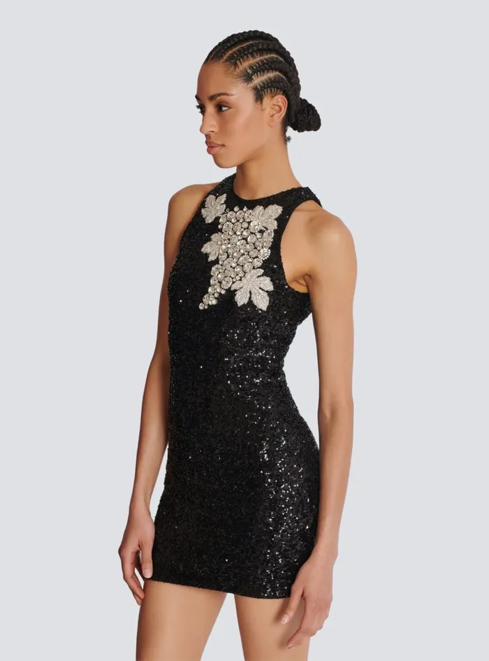 Sequin Dress With Grape Embroidery Black Women Balmain Dresses