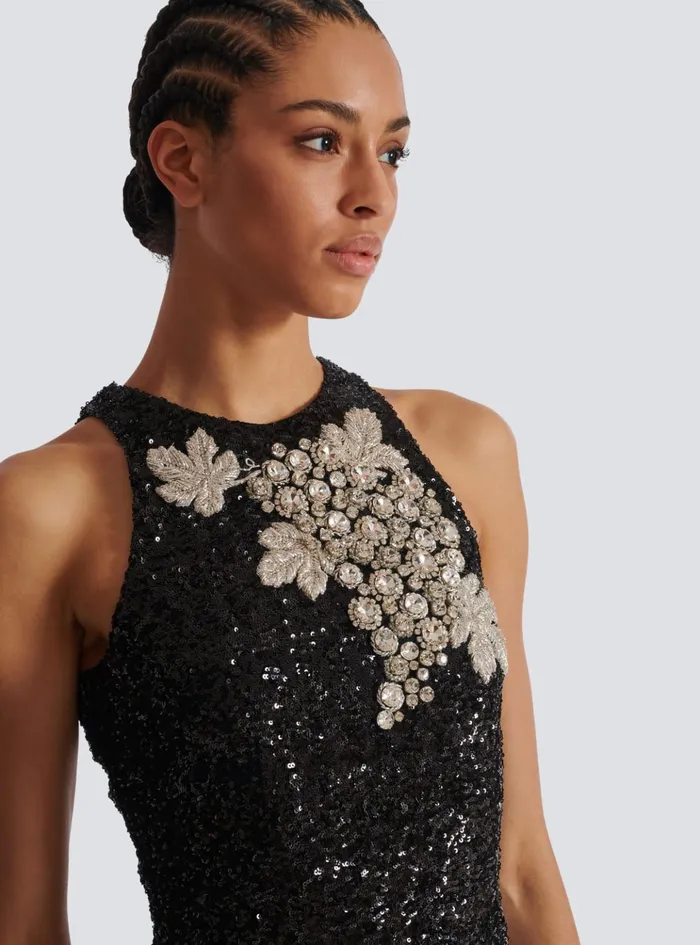 Sequin Dress With Grape Embroidery Black Women Balmain Dresses