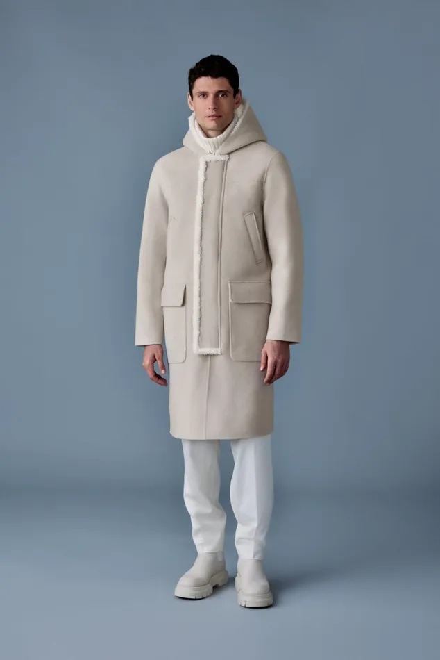 Shearling Jackets Men Mackage ABRAHAM Heavy Double Face Wool Long Hooded Coat Trenchnatural