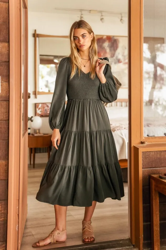 Smocked Tiered Midi Dress In Green Green Women Bohme Dresses