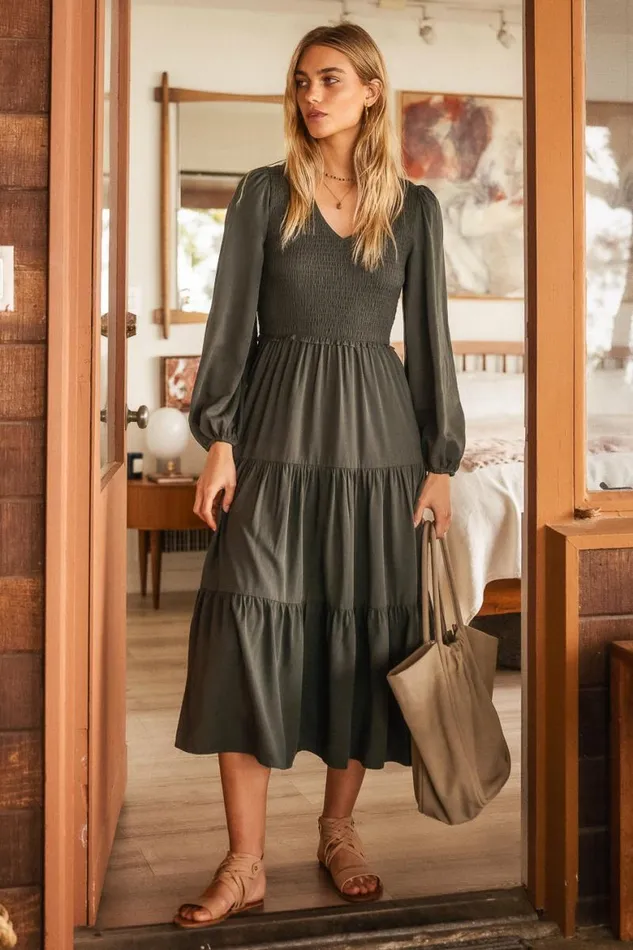 Smocked Tiered Midi Dress In Green Green Women Bohme Dresses