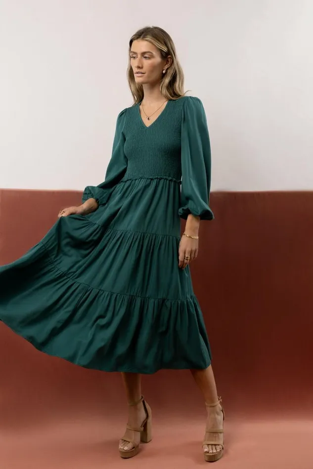 Smocked Tiered Midi Dress In Teal Teal Women Bohme Dresses