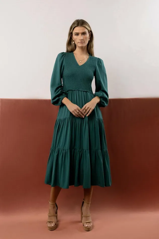 Smocked Tiered Midi Dress In Teal Teal Women Bohme Dresses