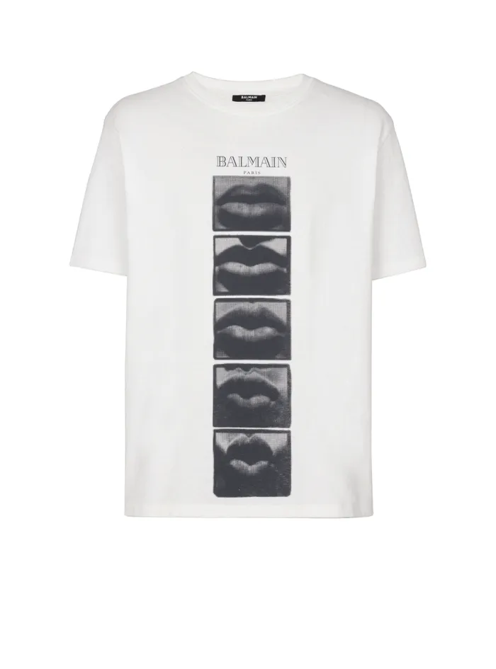 Tshirt With Vintage Lips Print White Men Balmain TShirts