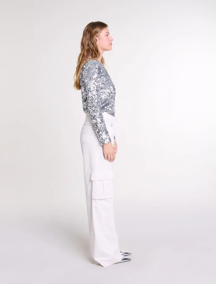 Tops and Shirts Women Maje LongSleeved Sequinned Top Silver