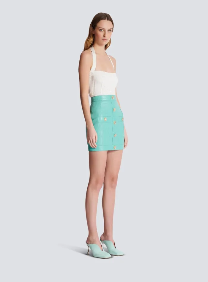 Topstitched Leather Skirt With Buttons Blue Women Balmain Skirts