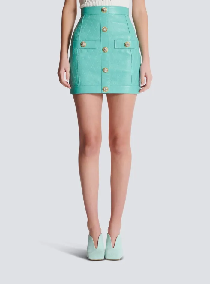 Topstitched Leather Skirt With Buttons Blue Women Balmain Skirts