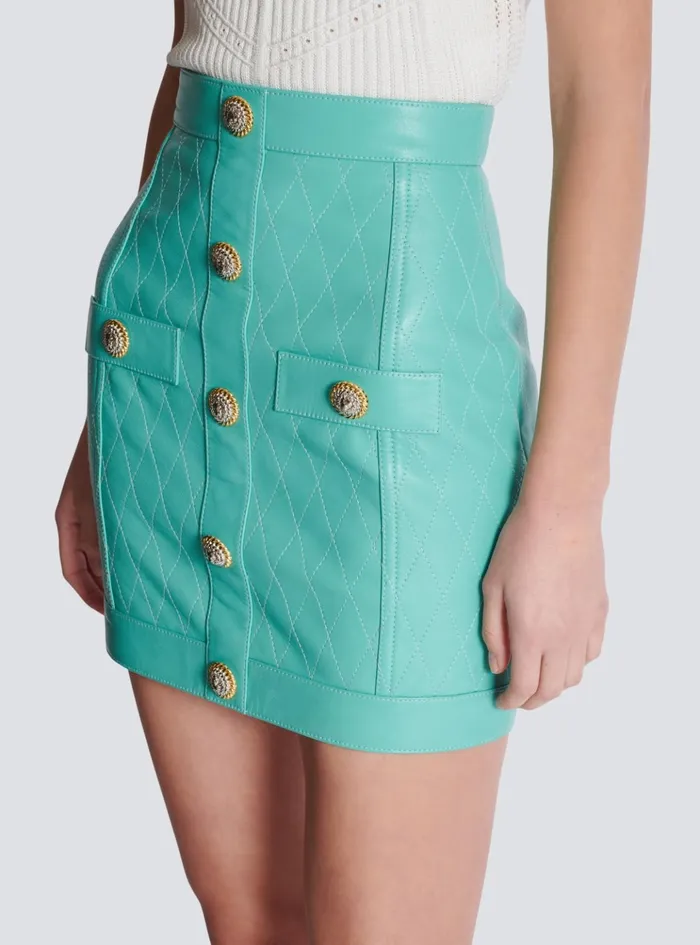 Topstitched Leather Skirt With Buttons Blue Women Balmain Skirts