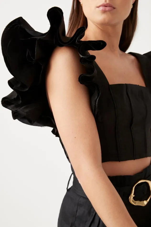 Vanades Frill Crop Top Black Women Aje Tops