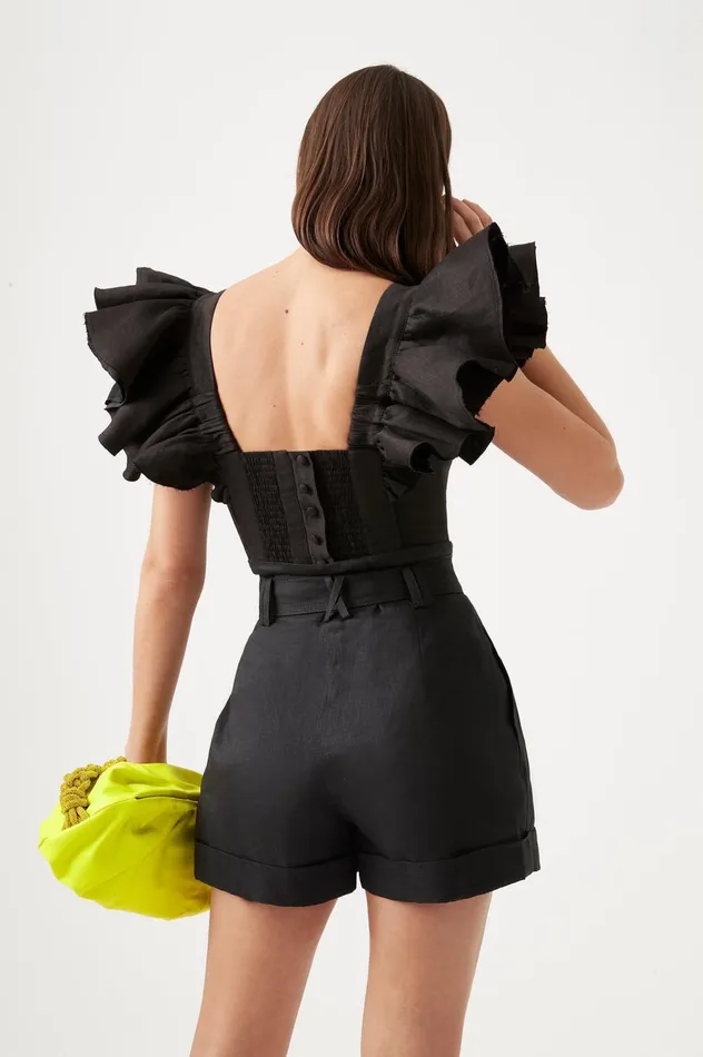 Vanades Frill Crop Top Black Women Aje Tops