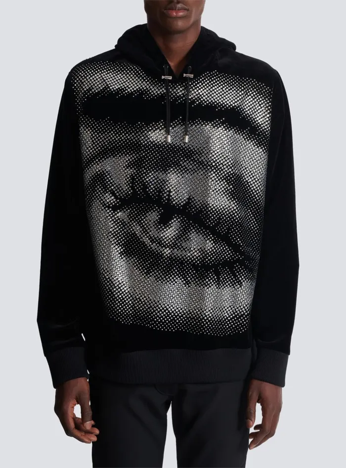 Velvet Hoodie With Crystals In An Eye Motif Black Men Balmain Sweatshirts