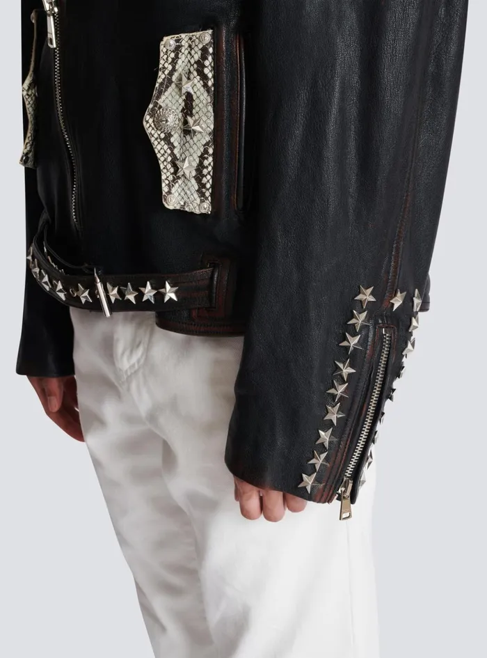 Western Leather Biker Jacket Black Men Balmain Outerwear