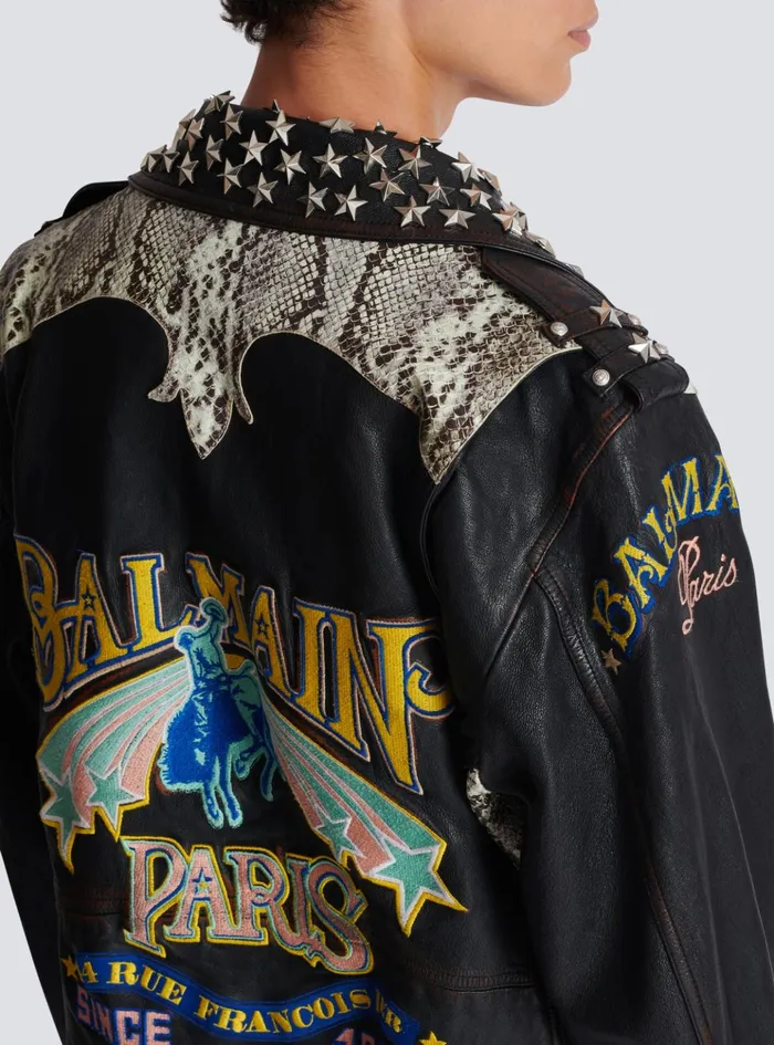 Western Leather Biker Jacket Black Men Balmain Outerwear
