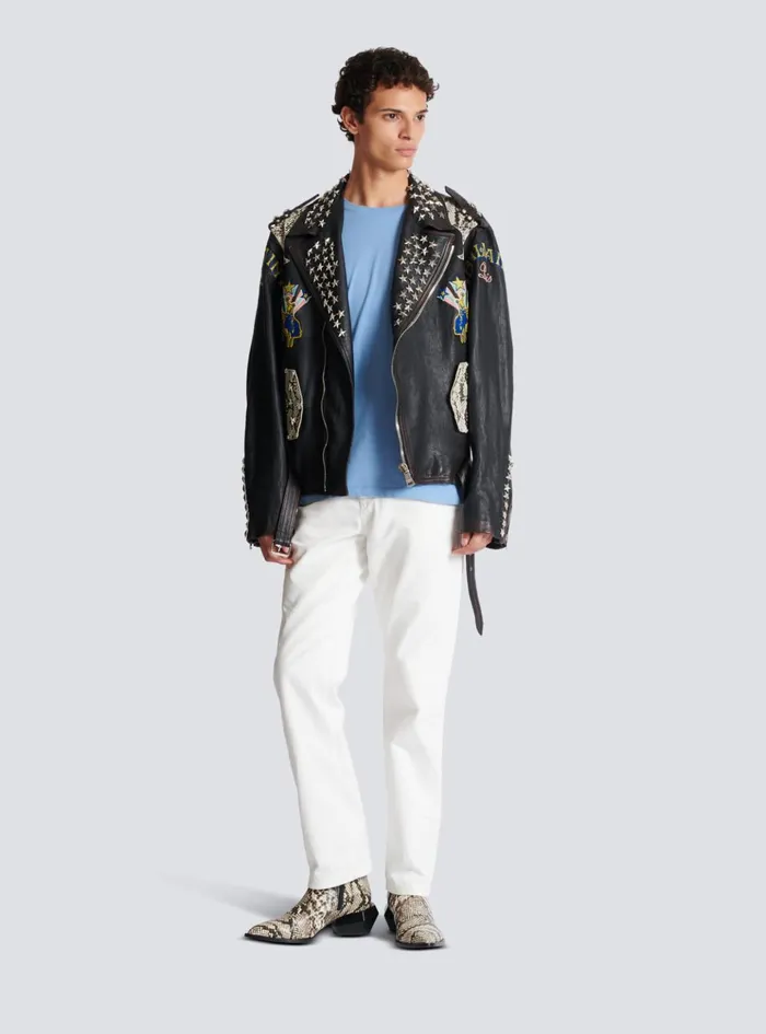 Western Leather Biker Jacket Black Men Balmain Outerwear