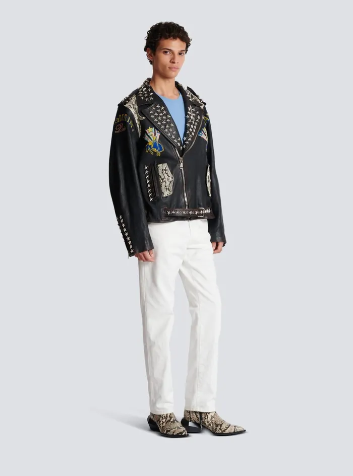 Western Leather Biker Jacket Black Men Balmain Outerwear