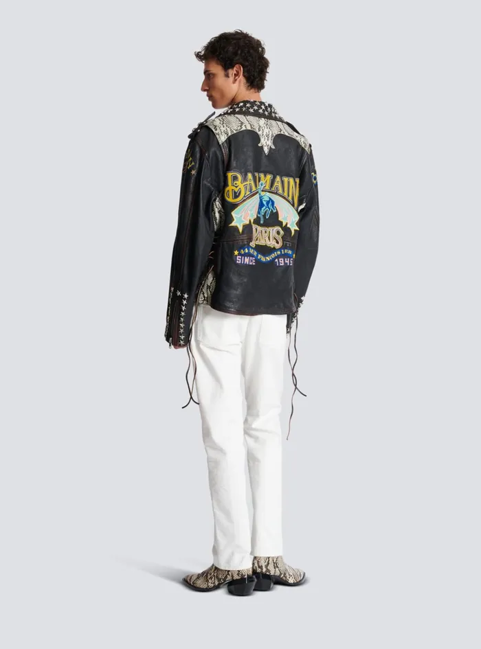 Western Leather Biker Jacket Black Men Balmain Outerwear