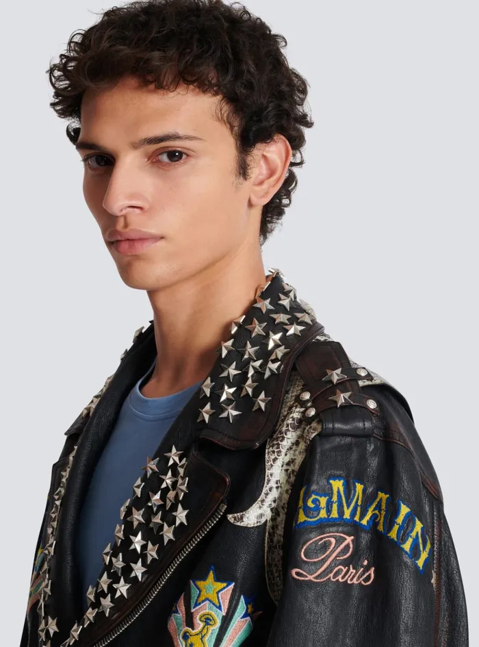 Western Leather Biker Jacket Black Men Balmain Outerwear