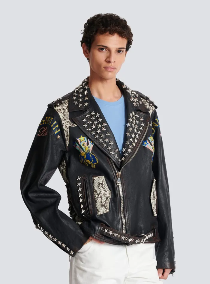 Western Leather Biker Jacket Black Men Balmain Outerwear