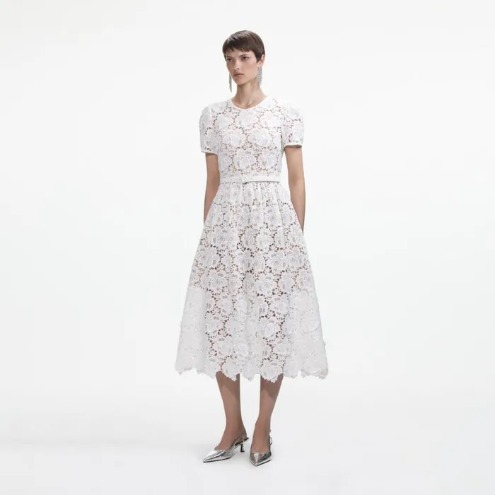 White Floral Lace Midi Dress Women Self Portrait Dresses White Floral Lace Midi Dress Women Self Portrait Dresses