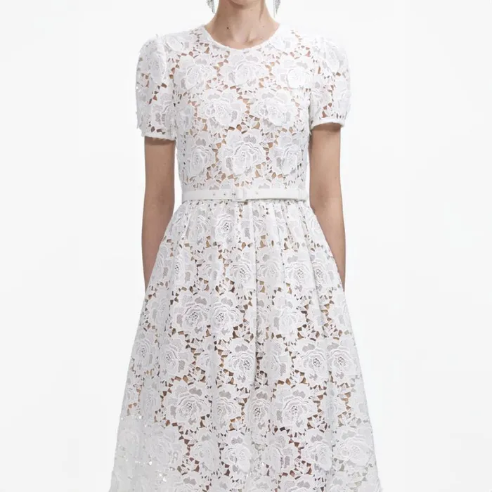 White Floral Lace Midi Dress Women Self Portrait Dresses White Floral Lace Midi Dress Women Self Portrait Dresses