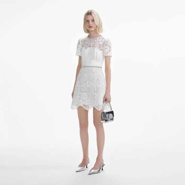 White Lace Diamante Mini Dress Women Self Portrait Dresses White Lace Diamante Mini Dress Women Self Portrait Dresses