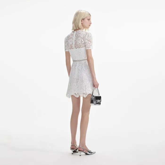 White Lace Diamante Mini Dress Women Self Portrait Dresses White Lace Diamante Mini Dress Women Self Portrait Dresses
