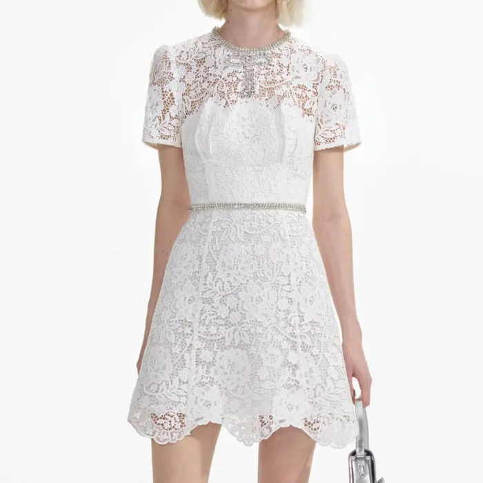 White Lace Diamante Mini Dress Women Self Portrait Dresses White Lace Diamante Mini Dress Women Self Portrait Dresses