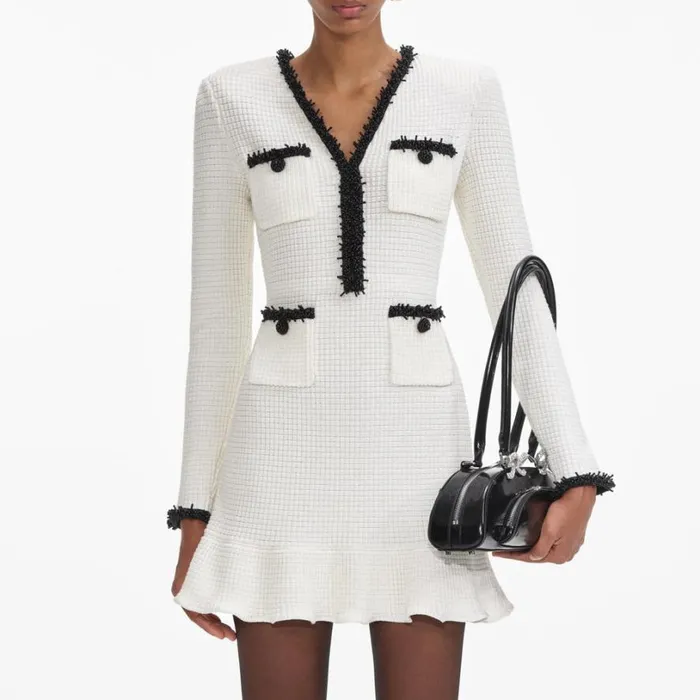 White Pearl Trim Knit Mini Dress Women Self Portrait Dresses White Pearl Trim Knit Mini Dress Women Self Portrait Dresses
