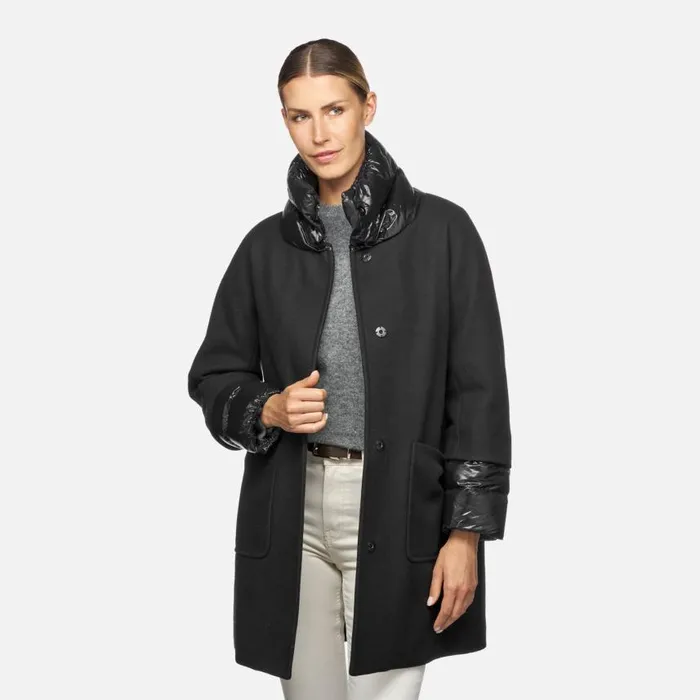 Woman Geox Coats DIAMANTA WOMAN Black Long Coat Black