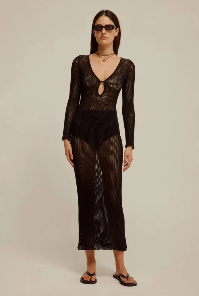 Woman Venroy Knitwear Long Sleeve Crochet Maxi Dress