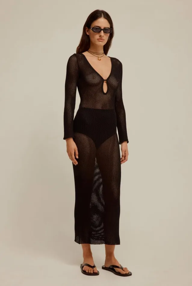 Woman Venroy Knitwear Long Sleeve Crochet Maxi Dress