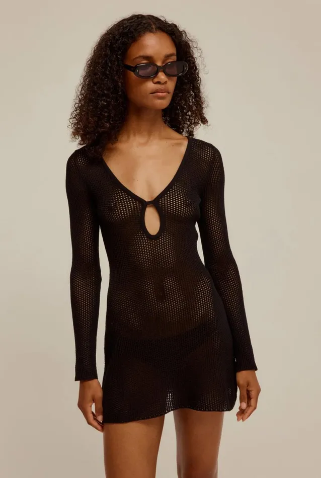 Woman Venroy Knitwear Long Sleeve Crochet Mini Dress