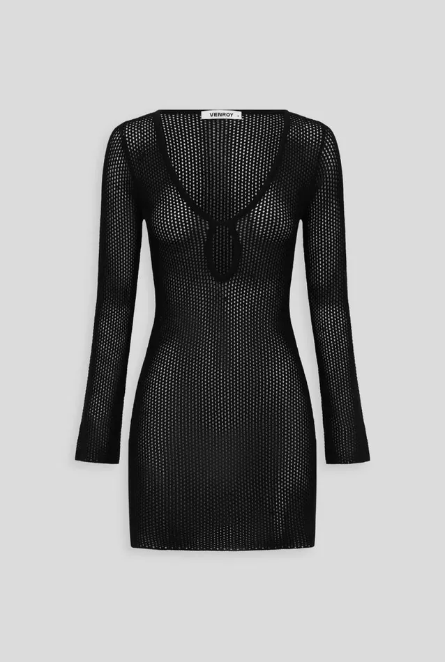 Woman Venroy Knitwear Long Sleeve Crochet Mini Dress