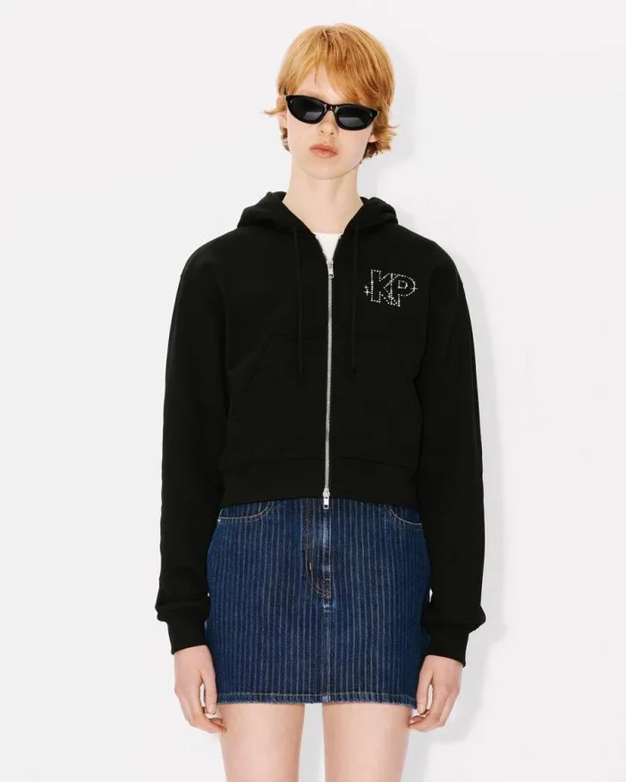 Women 039KENZO Constellation039 Cropped Zipped Hoodie In Cotton Black Kenzo Sweatshirts And Hoodies