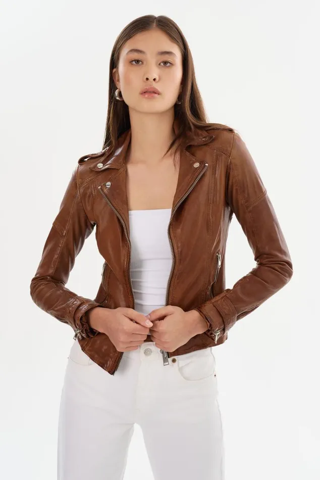 Women ANNA Leather Biker Jacket Luggage LAMARQUE Leather Jackets