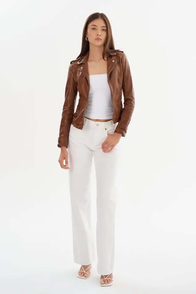 Women ANNA Leather Biker Jacket Luggage LAMARQUE Leather Jackets