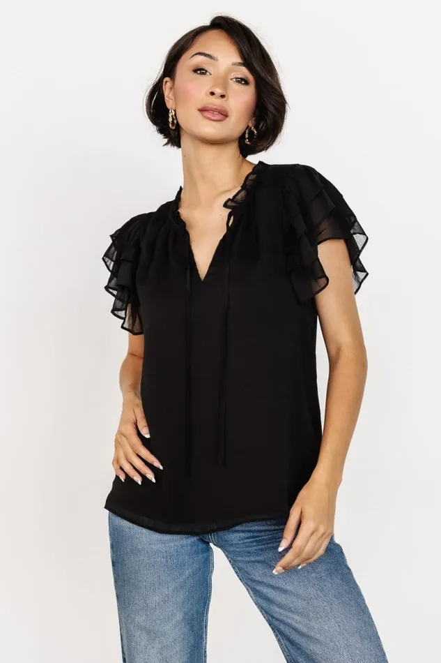 Women Asher Ruffle Sleeve Top Black Baltic Born Blouses and Shirts