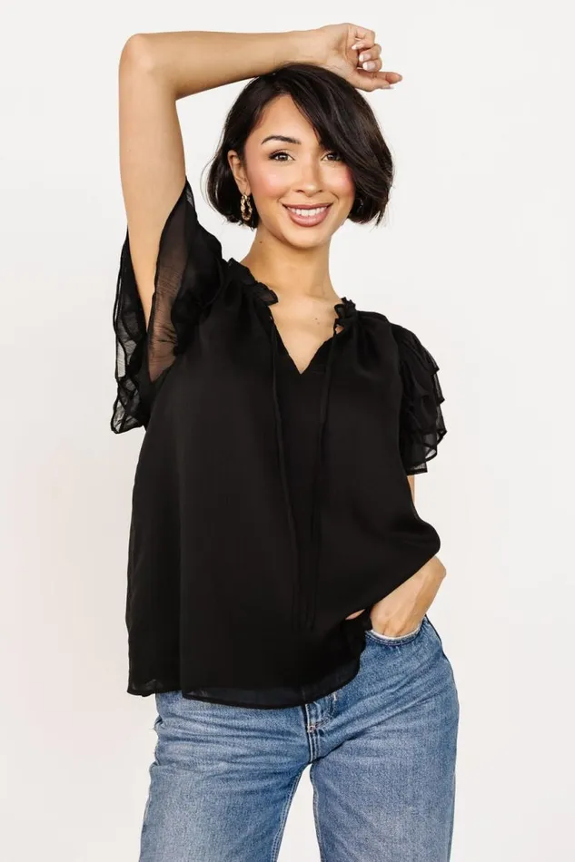 Women Asher Ruffle Sleeve Top Black Baltic Born Blouses and Shirts