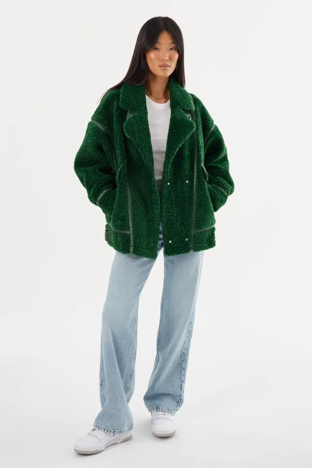 Women BADU Oversized Faux Shearling Jacket Green LAMARQUE Sherpa Women BADU Oversized Faux Shearling Jacket Green LAMARQUE Sherpa