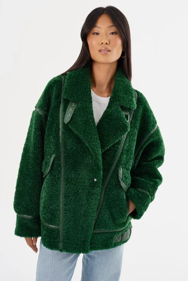 Women BADU Oversized Faux Shearling Jacket Green LAMARQUE Sherpa Women BADU Oversized Faux Shearling Jacket Green LAMARQUE Sherpa