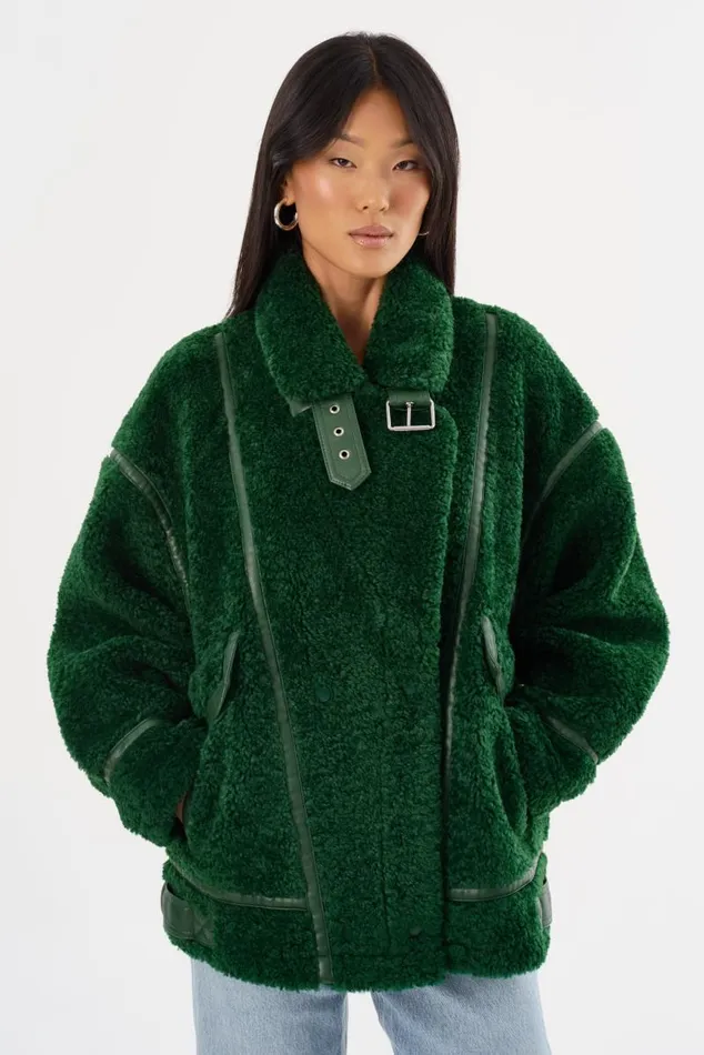 Women BADU Oversized Faux Shearling Jacket Green LAMARQUE Sherpa Women BADU Oversized Faux Shearling Jacket Green LAMARQUE Sherpa