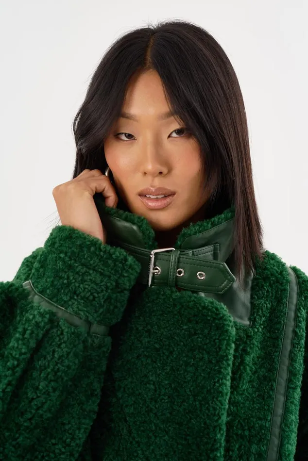 Women BADU Oversized Faux Shearling Jacket Green LAMARQUE Sherpa Women BADU Oversized Faux Shearling Jacket Green LAMARQUE Sherpa