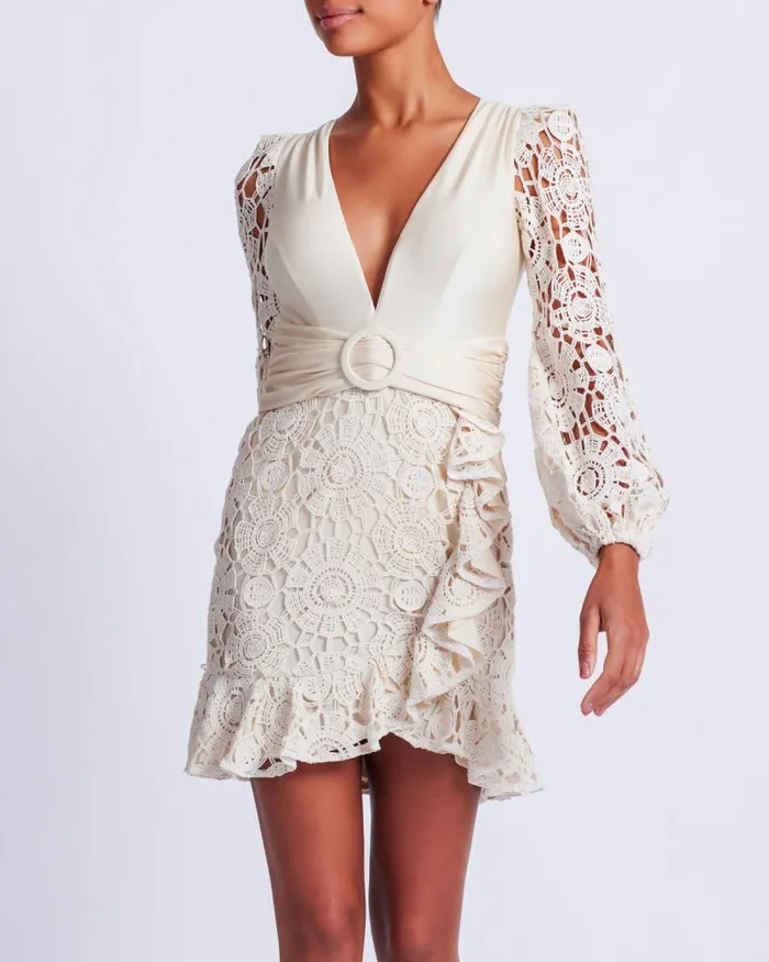 Women Beach Dresses PatBO Crochet Plunge Mini Dress Wheat
