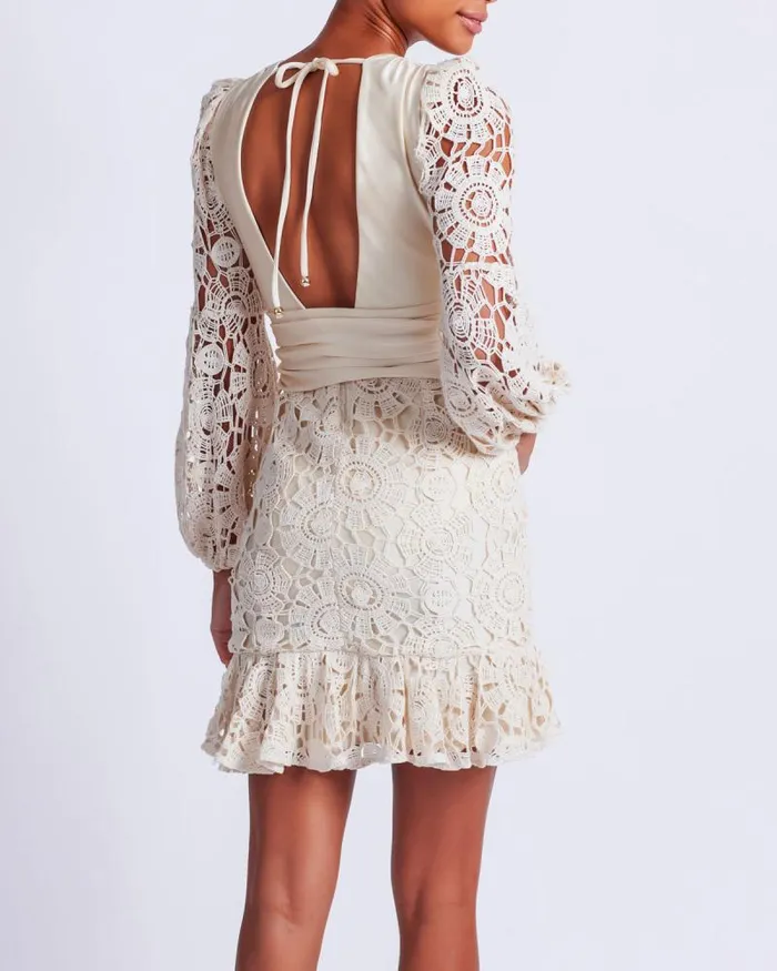 Women Beach Dresses PatBO Crochet Plunge Mini Dress Wheat