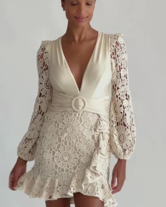 Women Beach Dresses PatBO Crochet Plunge Mini Dress Wheat