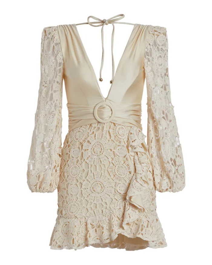 Women Beach Dresses PatBO Crochet Plunge Mini Dress Wheat
